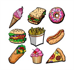 Hand drawn Fast Food sketch isolated on white background. Vector Ice-cream cone, hot dog, sandwich, donut, french fries, hamburger, pizza, cupcake, beaker.