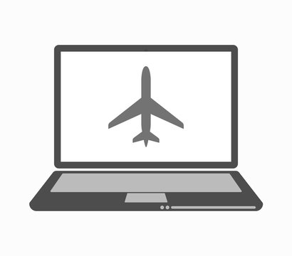 Isolated line art laptop with a plane
