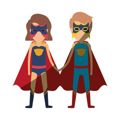colorful silhouette with faceless couple of superheroes united of the hands and her with short hair and shading vector illustration