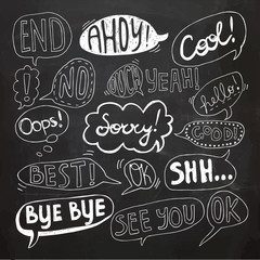 Hand drawn set of speech bubbles with handwritten text: Bye Bye,Sorry, See You, Oops, Best, Yeah, Good, Cool, Ahoy, End, Ok, Hello, No,Yes,Ouch