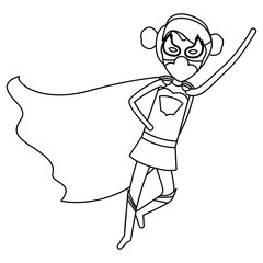monochrome contour faceless of superhero female with collected hair flying in diagonal direction vector illustration