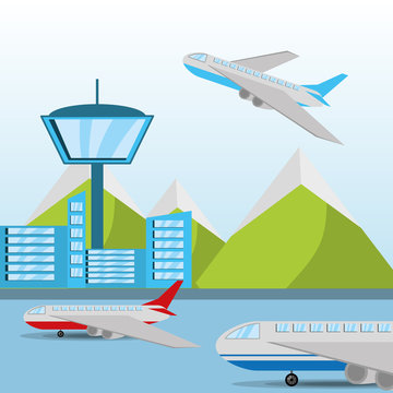airplane flying around the airstrip with a beautiful landscape, vector illustration