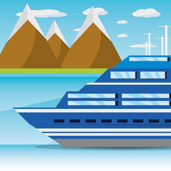 Fototapeta premium ship navigating in the ocean near a island, vector illustration