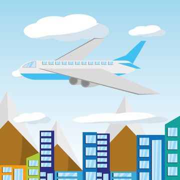 airplane flying around the beautiful city, vector illustration
