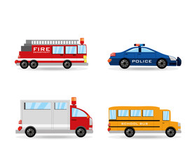 fire truck, police, ambulance and bus set icon flat, vector illustration