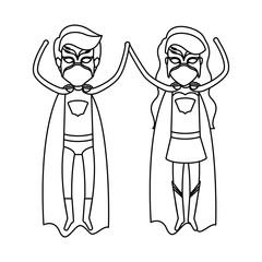 monochrome contour faceless of couple of superheroes flying vertically vector illustration