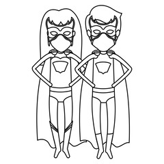 monochrome contour faceless of couple of superheroes flying with hands in your waist vector illustration