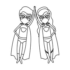 monochrome contour faceless of couple of superheroes flying and holding hands vector illustration
