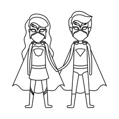 monochrome contour faceless of duo of superheroes united of the hands and her with long wavy hair vector illustration