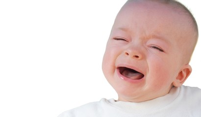 Crying baby on white background. Space  for your text.