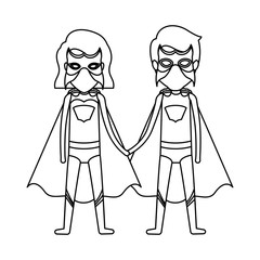 monochrome contour faceless of couple of superheroes united of the hands and her with short hair vector illustration