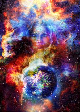 Goddess Woman with ornamental mandala and planet earth. Cosmic Space background.
