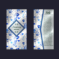 Flyer template with russian traditional pattern gzhel. Front page and back page. Blue floral illustration.