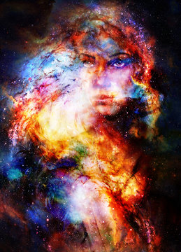 Goddess Woman in Cosmic space. Cosmic Space background.