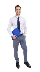Handsome young man with clipboard on white background