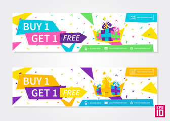 Vector colorful promotion banner Buy 1 Get 1 Free. Business offer flyer template.
