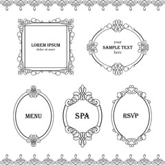 Set collection of borders, frames with sample text in calligraphic retro style isolated on white background.