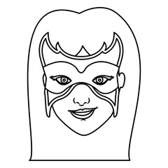 monochrome contour of woman superhero with long hair and mask vector illustration
