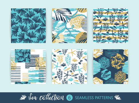 Set of Trendy sea seamless patterns with hand texture and geometric elements