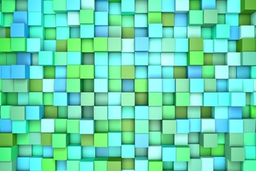 3d illustration: abstract background, colored blocks green - blue color. Range of shades. Wall of cubes. Pixels art.