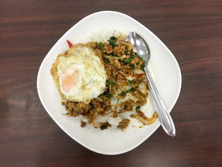 basil pork food background wood
table rice restaurant Asian egg spicy hot
