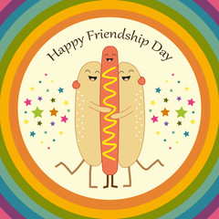 Cute Hot Dog flyer as smiling characters of buns and sausage hugging each other