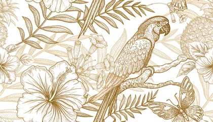 Afwasbaar Fotobehang Hibiscus Naadloze patroon met exotische planten en papegaaien.