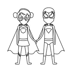 monochrome silhouette faceless of duo of superheroes united of the hands and her with collected hair vector illustration