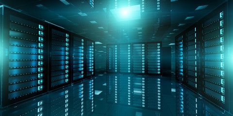 Dark server room data center storage 3D rendering