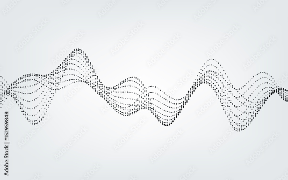 Poster abstract vector illustration of waves with particles on white background. futuristic background with