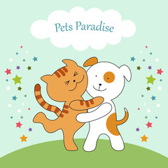 Cute card with cat and dog harmony