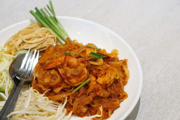 Closeup of Pad Thai, Stir-fried noodle and shrimp, Traditional Thai food recipe.
