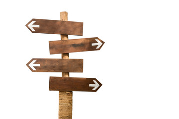 wooden arrow sign post isolated on white background with clipping path