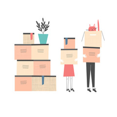 People carrying cardboard boxes. Apartment moving, packing, transportation, new dwelling, housewarming design concept. Cat sitting in a box. Hand drawn cartoon vector illustration - 152961693