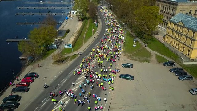 Aerial View of Lattelecom Marathon 2017 in Riga City, Latvia, Marathon Runners run at the Riga International Marathon