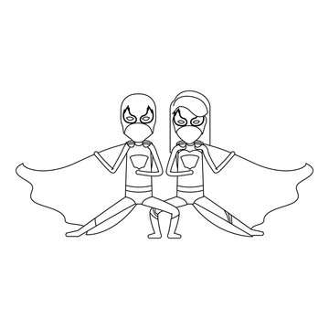 monochrome silhouette faceless of duo of superheroes in defensive pose and her with straight long hair vector illustration