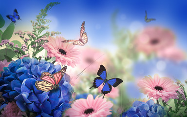 Amazing background with hydrangeas and daisies. Yellow and blue flowers on a white blank. Floral...