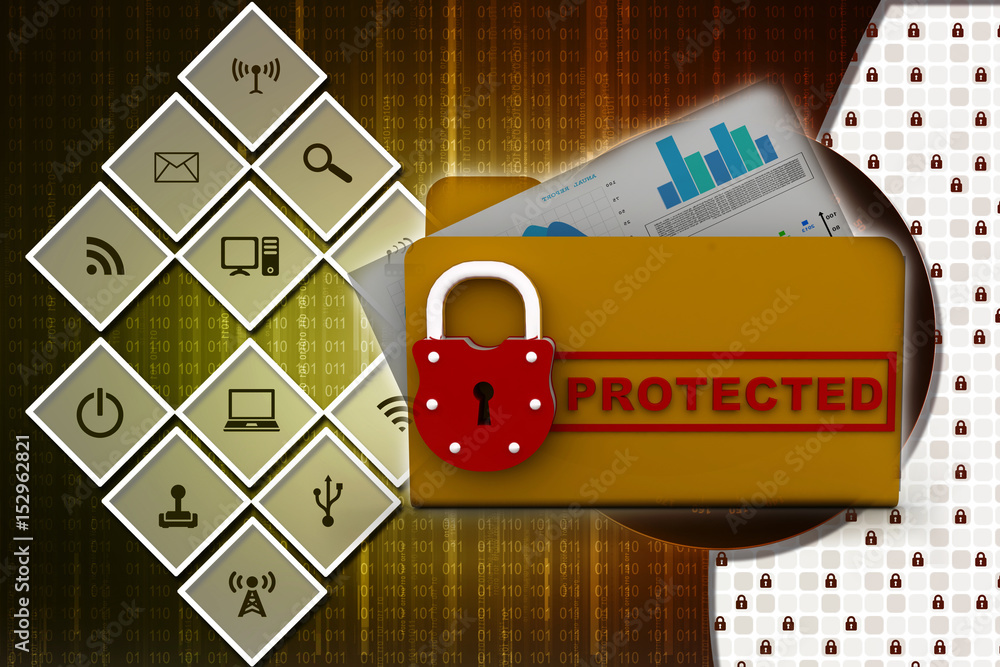 Poster yellow folder and lock. data security concept. 3d rendering
