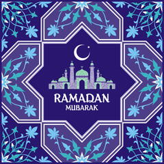 Ramadan greeting card with the image of the mosque, minarets and Middle East pattern in Moorish style. Vector template