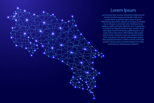 Map of Costa Rica from polygonal blue lines and glowing stars vector illustration