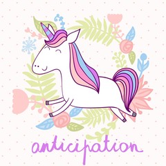 Magic cute unicorn with flowers. Vector greeting card.