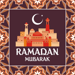 Ramadan greeting card with the image of the mosque, minarets and Middle East pattern in Moorish style. Vector template