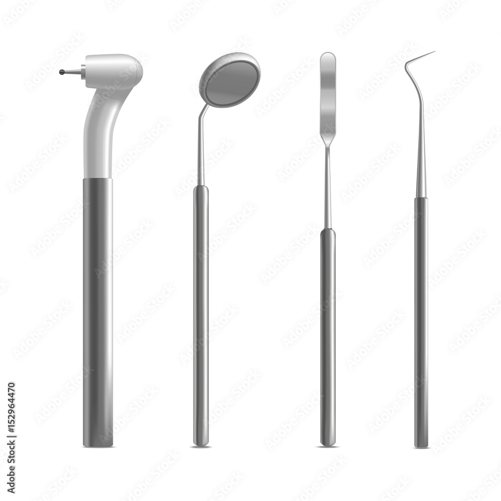 Sticker Realistic Metal Dental Equipment or Instruments Set. Vector