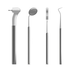 Realistic Metal Dental Equipment or Instruments Set. Vector