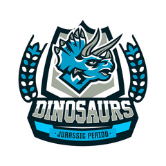 Colorful emblem, logo, dinosaur of the Jurassic period. Triceratops, badge, shield. Vector illustration