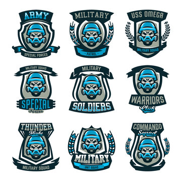 A set of colored emblems, logos, a skull in a military helmet and a gas mask. Military actions, conflict, war, soldier, warrior, sport, shield. Vector illustration, isolated objects