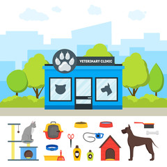 Naklejka premium Cartoon Veterinary Clinic Building and Elements Set. Vector
