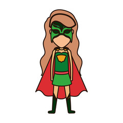 colorful silhouette with faceless standing girl superhero with long hair and closed eyes vector illustration