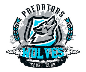 Design for printing on T-shirts, a wolf howling at the moon. Wild animal, predator, talisman, sports identity, logo. Vector illustration, grunge effect