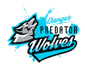 Design for printing on T-shirts, a wolf howling at the moon. Wild animal, predator, talisman, sports identity, logo. Vector illustration, grunge effect